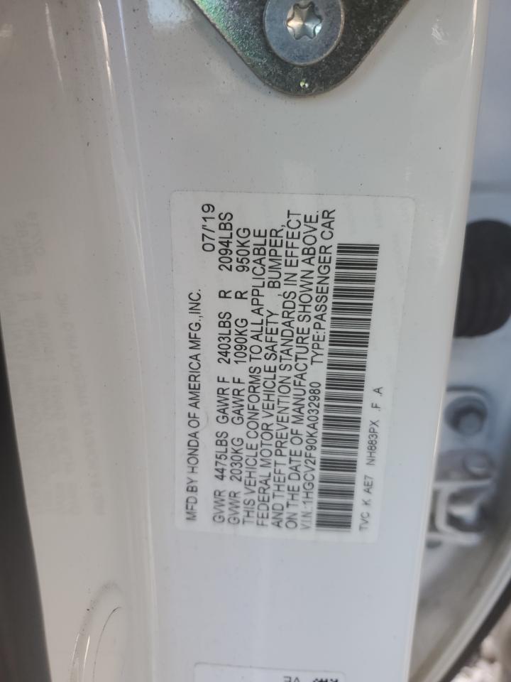 2019 Honda Accord VIN 1HGCV2F90KA032980 Copart auction photo, rear end damage thumbnail 14