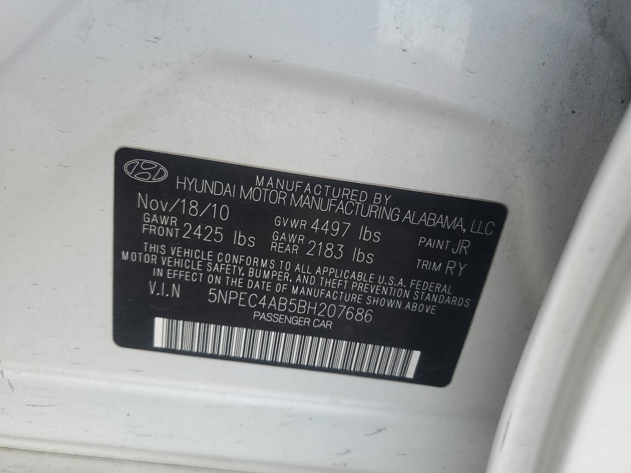 2011 Hyundai Sonata VIN 5NPEC4AB5BH207686 Copart auction photo, front end damage thumbnail 14