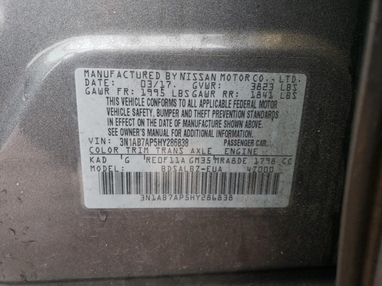2017 Nissan Sentra VIN 3N1AB7AP5HY286838 Copart auction photo, rear end damage thumbnail 14