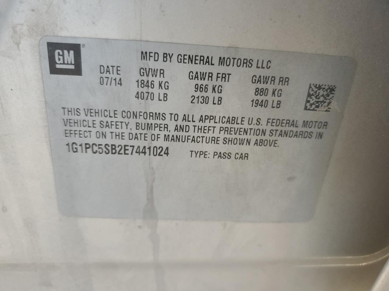 2014 Chevrolet Cruze VIN 1G1PC5SB2E7441024 Copart auction photo, all over damage thumbnail 12