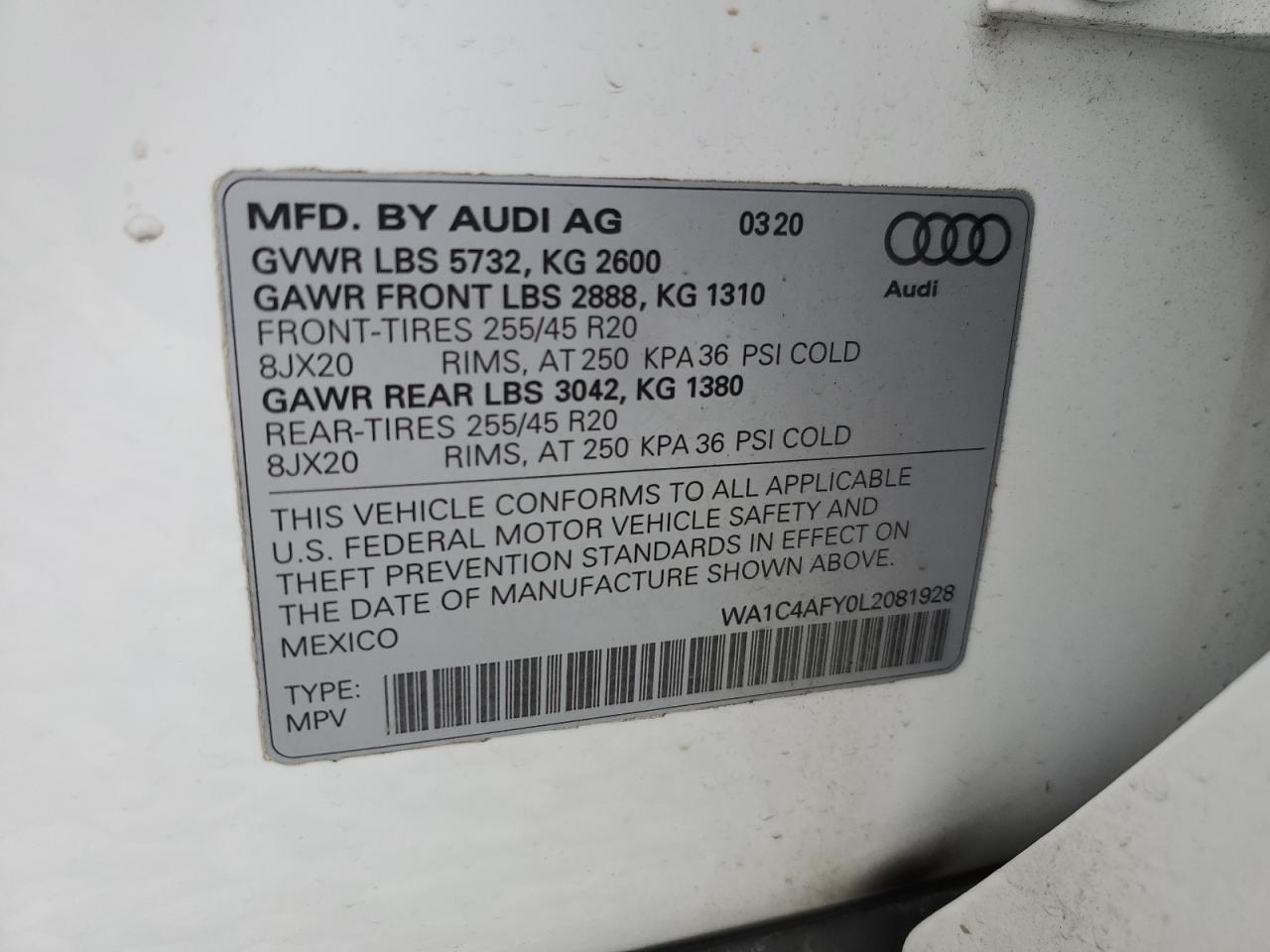 2020 Audi SQ5 VIN WA1C4AFY0L2081928 Copart auction photo, front end / minor dent/scratches damage thumbnail 13