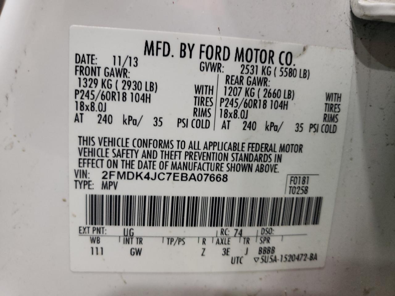 2014 Ford Edge VIN 2FMDK4JC7EBA07668 Copart auction photo, rear end damage thumbnail 15