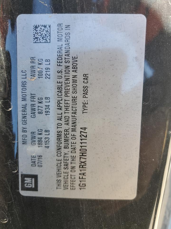 2017 Chevrolet Camaro VIN 1G1FA1RX7H0111274 Copart auction photo, water/flood / minor dent/scratches damage thumbnail 12