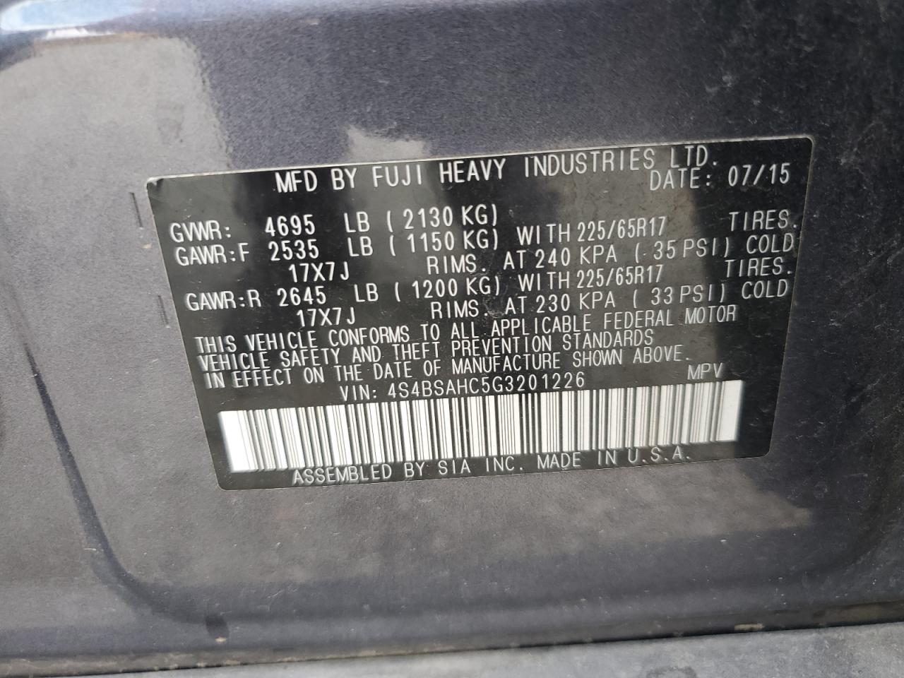2016 Subaru Outback VIN 4S4BSAHC5G3201226 Copart auction photo, all over damage thumbnail 14