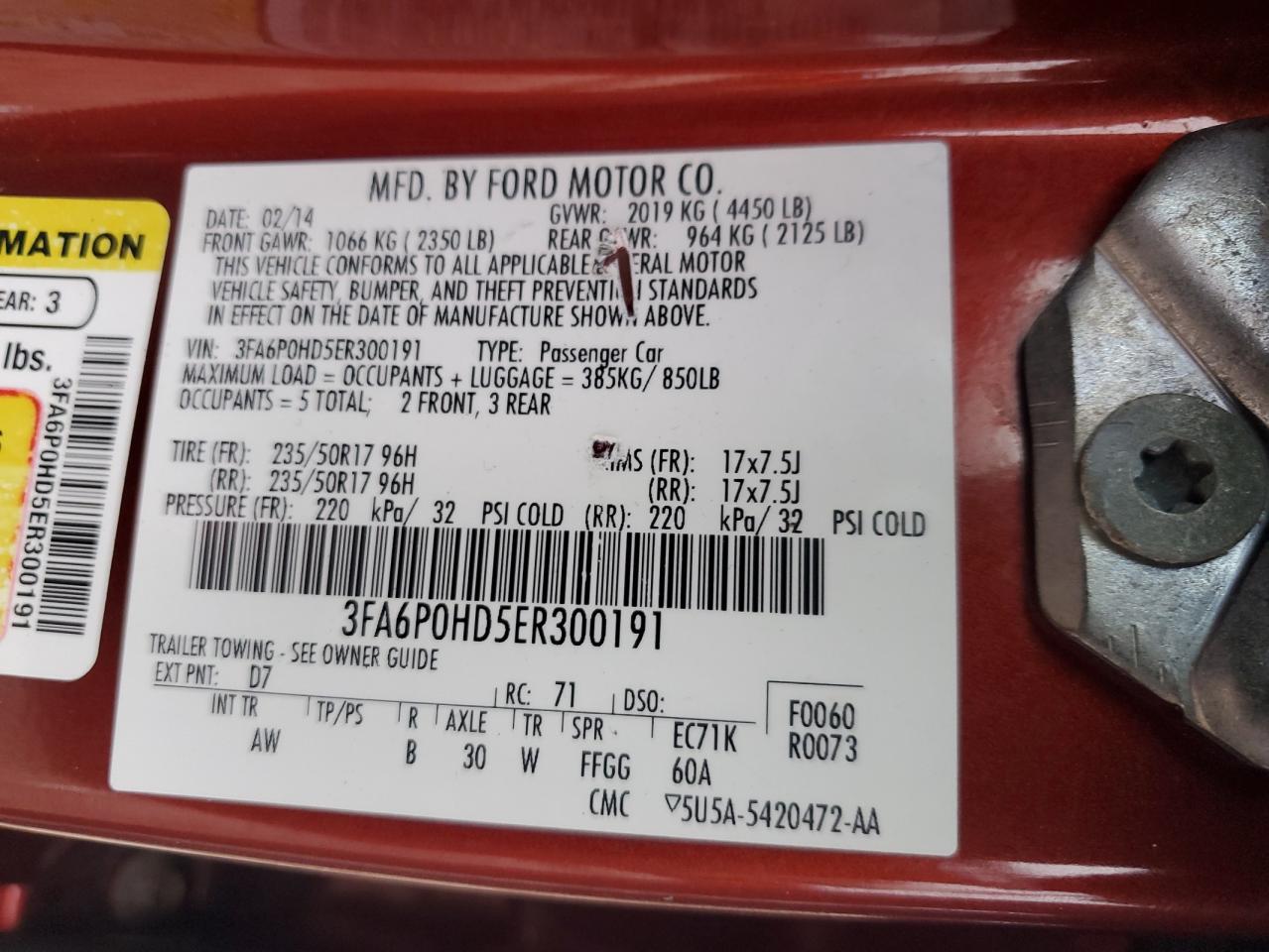 2014 Ford Fusion VIN 3FA6P0HD5ER300191 Copart auction photo, rear end / minor dent/scratches damage thumbnail 14