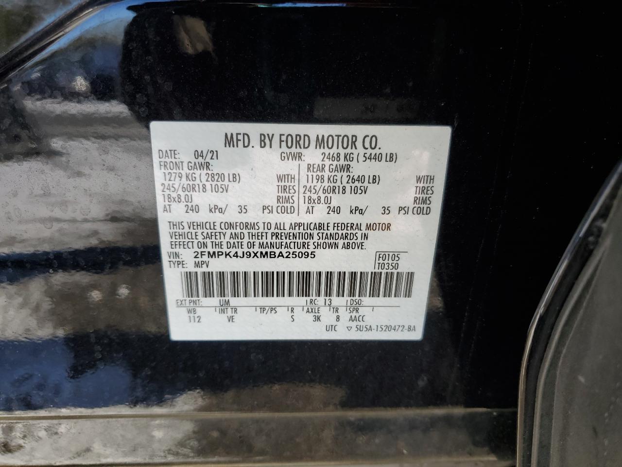 2021 Ford Edge VIN 2FMPK4J9XMBA25095 Copart auction photo, front end / minor dent/scratches damage thumbnail 14