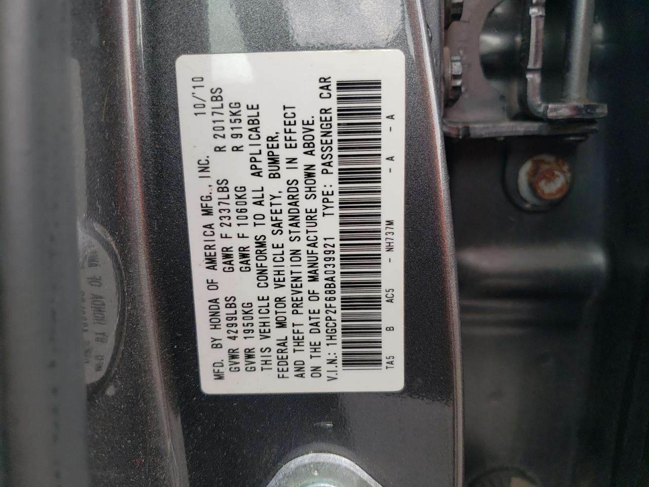 2011 Honda Accord VIN 1HGCP2F68BA039921 Copart auction photo, rear end / front end damage thumbnail 13