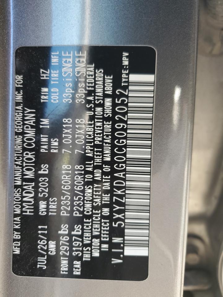 2012 Hyundai Santa Fe VIN 5XYZKDAG0CG092052 Copart auction photo, mechanical damage thumbnail 15