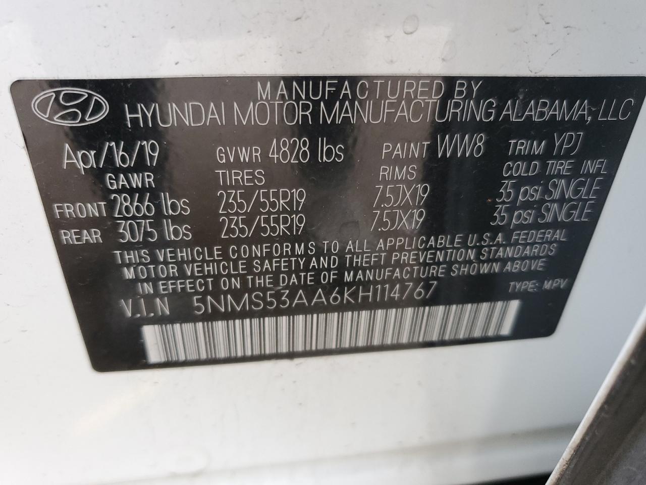 2019 Hyundai Santa Fe VIN 5NMS53AA6KH114767 Copart auction photo, front end / minor dent/scratches damage thumbnail 14