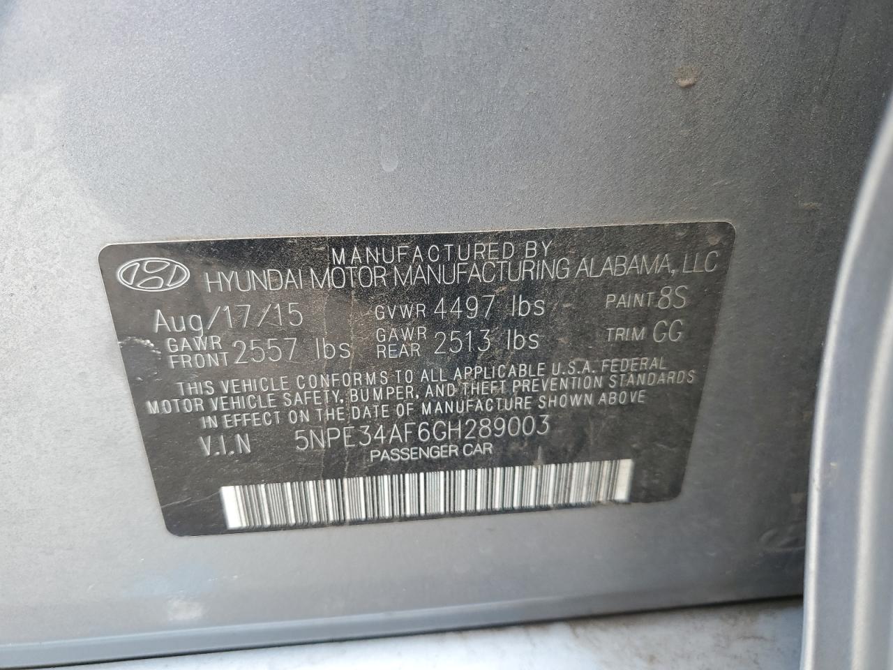 2016 Hyundai Sonata VIN 5NPE34AF6GH289003 Copart auction photo, front end damage thumbnail 15
