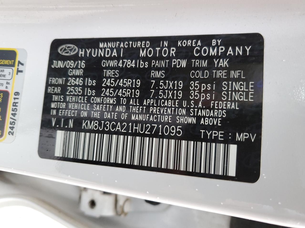 2017 Hyundai Tucson VIN KM8J3CA21HU271095 Copart auction photo, front end damage thumbnail 13