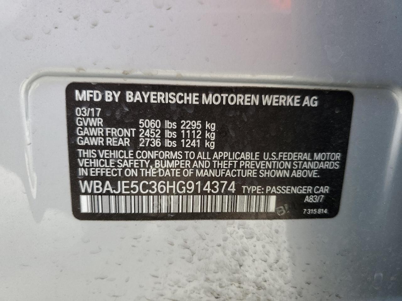 2017 BMW 5er VIN WBAJE5C36HG914374 Copart auction photo, front end / minor dent/scratches damage thumbnail 12