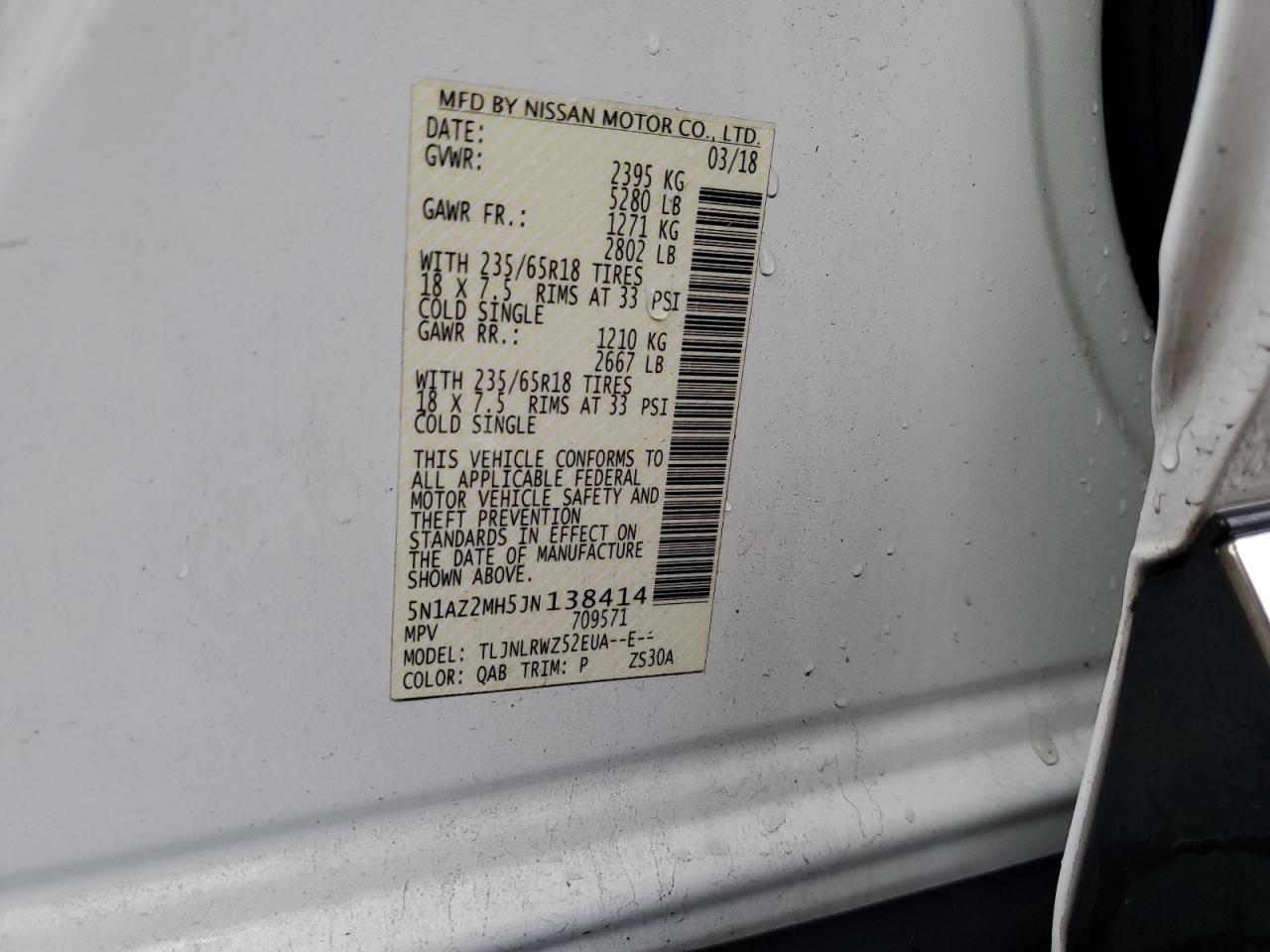 2018 Nissan Murano VIN 5N1AZ2MH5JN138414 Copart auction photo, rear end damage thumbnail 13