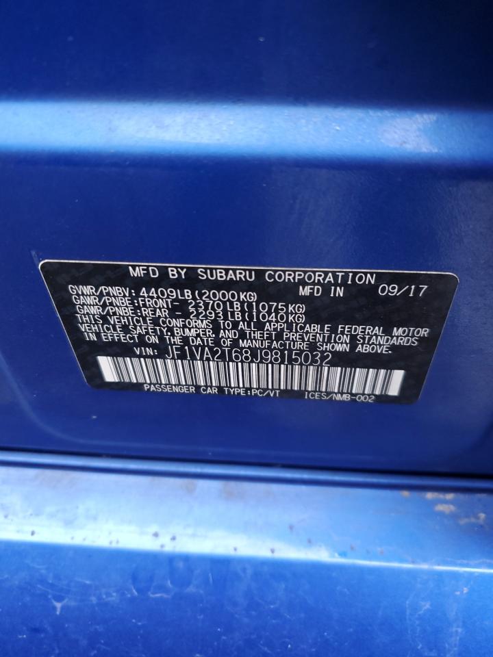 2018 Subaru WRX VIN JF1VA2T68J9815032 Copart auction photo, rear end damage thumbnail 12