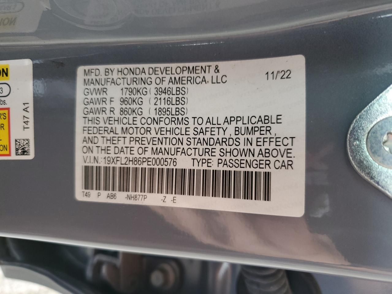 2023 Honda Civic VIN 19XFL2H86PE000576 Copart auction photo, side damage thumbnail 13