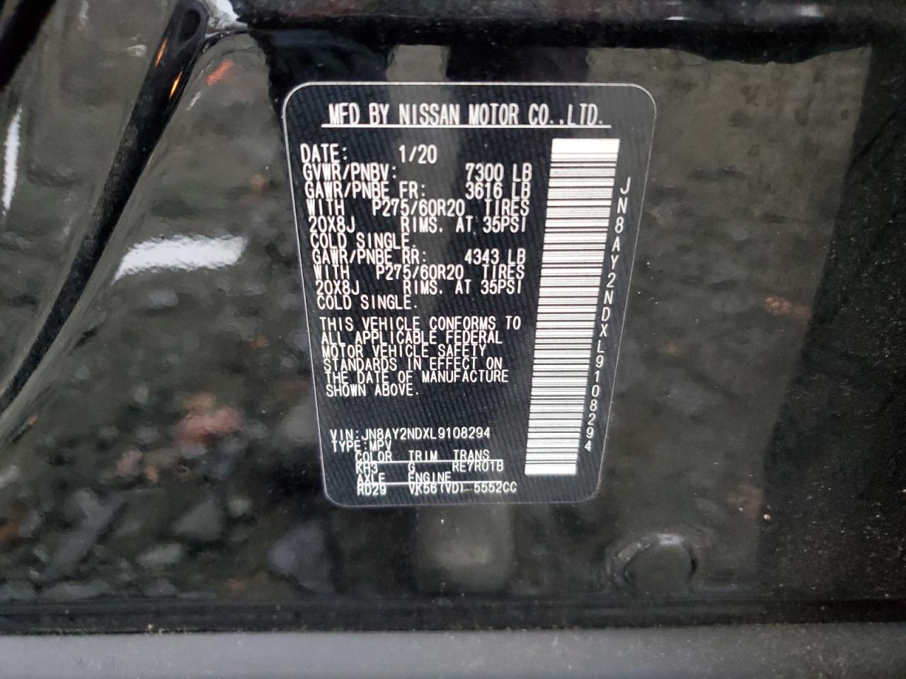 2020 Nissan Armada VIN JN8AY2NDXL9108294 Copart auction photo, front end damage thumbnail 14