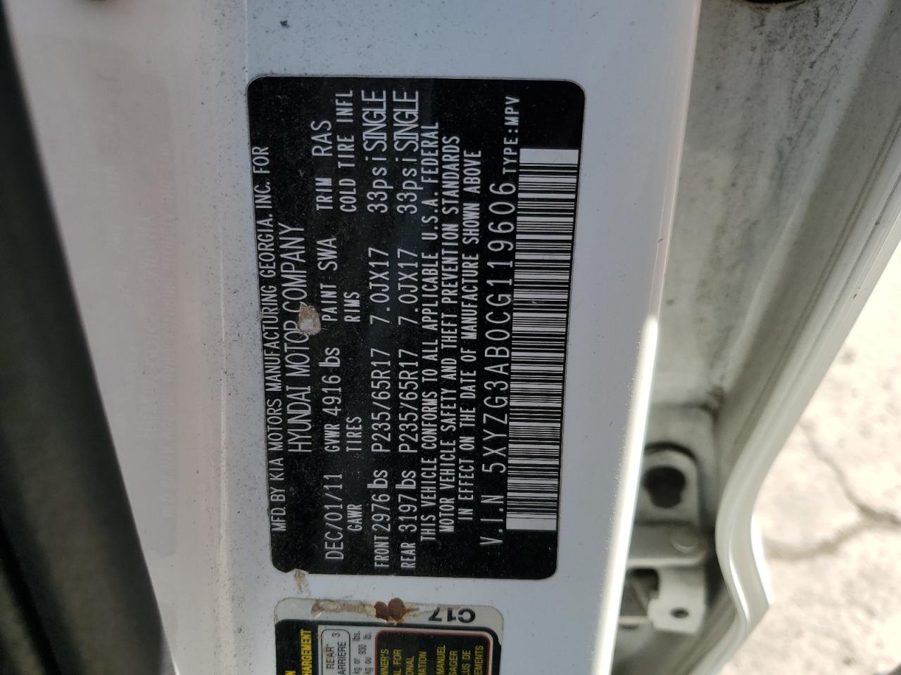 2012 Hyundai Santa Fe VIN 5XYZG3AB0CG119606 Copart auction photo, side / front end damage thumbnail 15