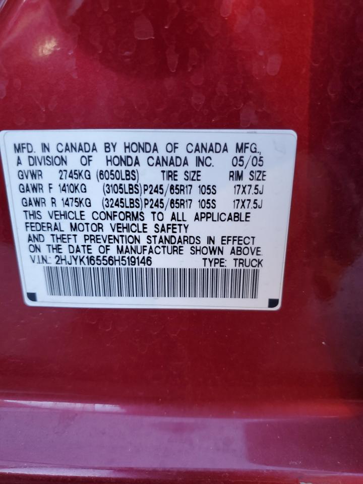 2006 Honda Ridgeline VIN 2HJYK16556H519146 Copart auction photo, front end damage thumbnail 12