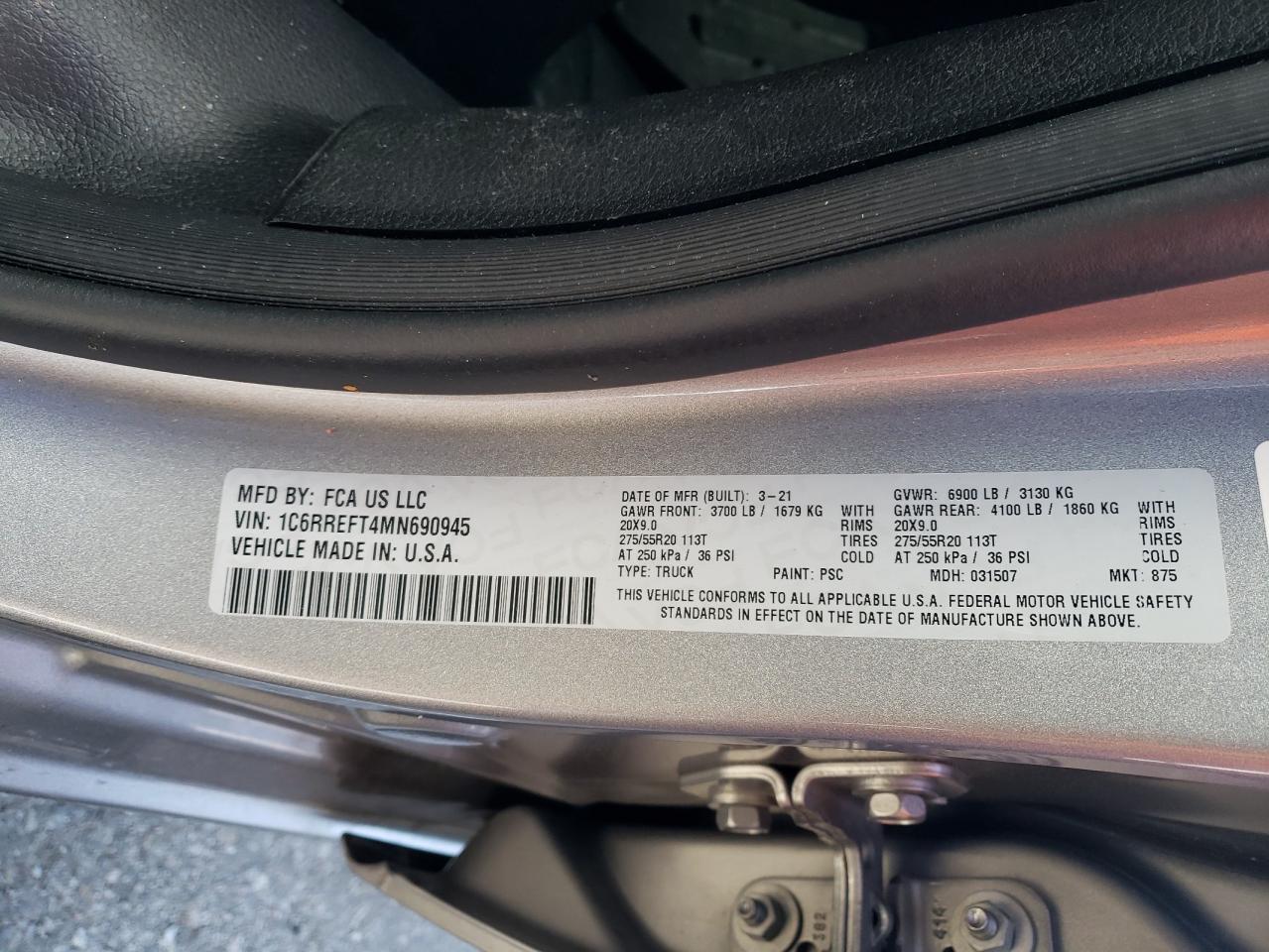 2021 RAM 1500 VIN 1C6RREFT4MN690945 Copart auction photo, all over / undercarriage damage thumbnail 13