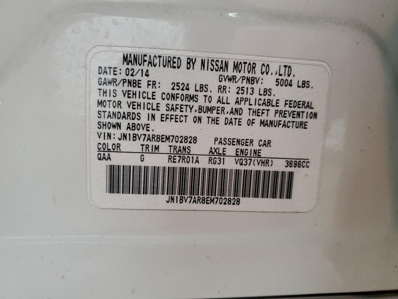 2014 Infiniti Q50 VIN JN1BV7AR8EM702828 Copart auction photo, all over damage thumbnail 12