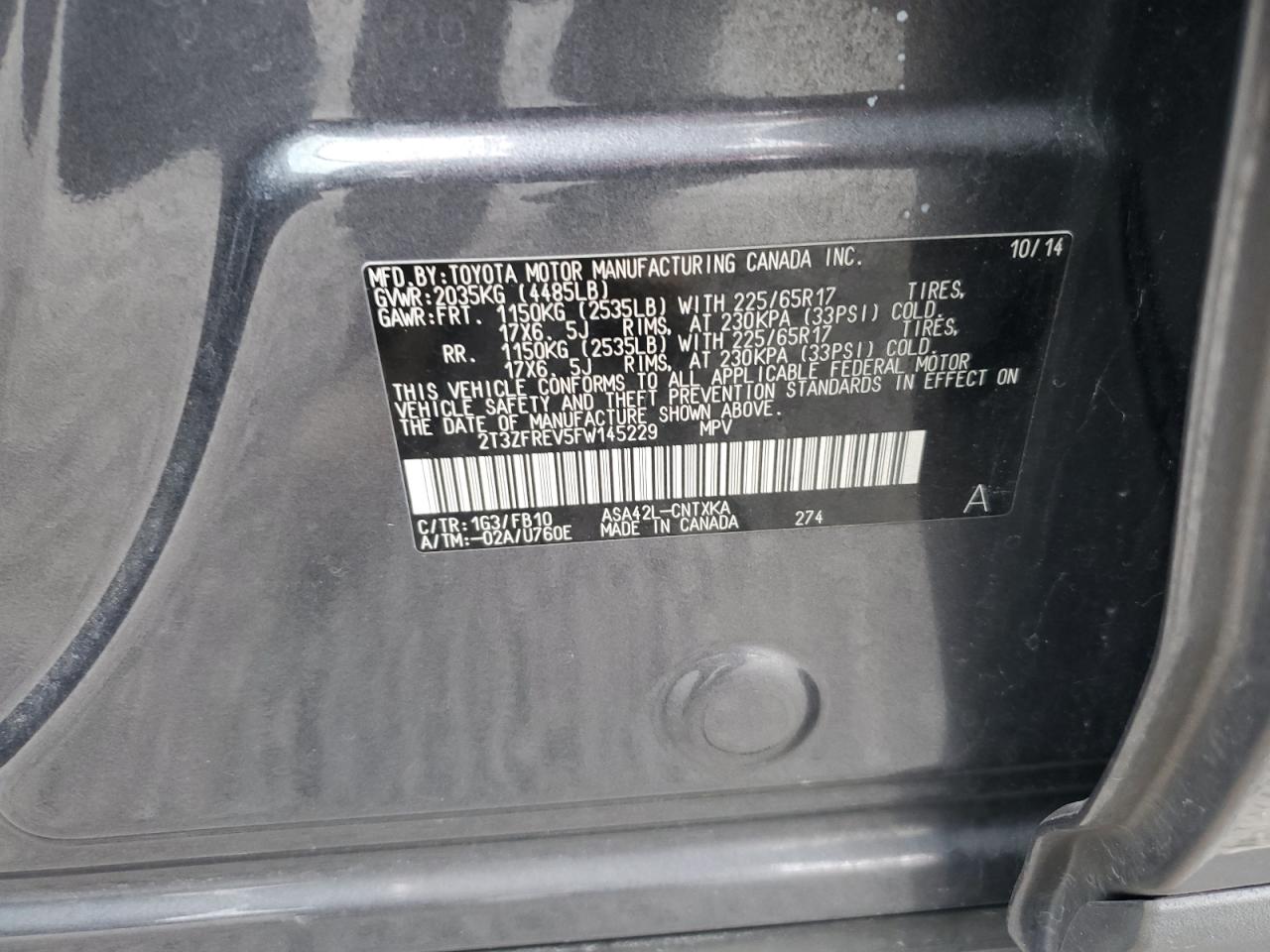 2015 Toyota RAV 4 VIN 2T3ZFREV5FW145229 Copart auction photo, side damage thumbnail 13