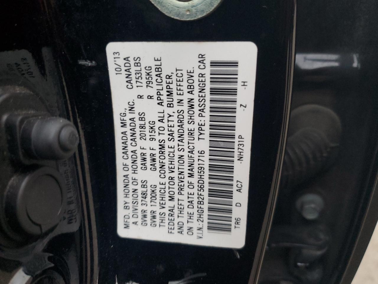 2013 Honda Civic VIN 2HGFB2F56DH591716 Copart auction photo, front end damage thumbnail 14
