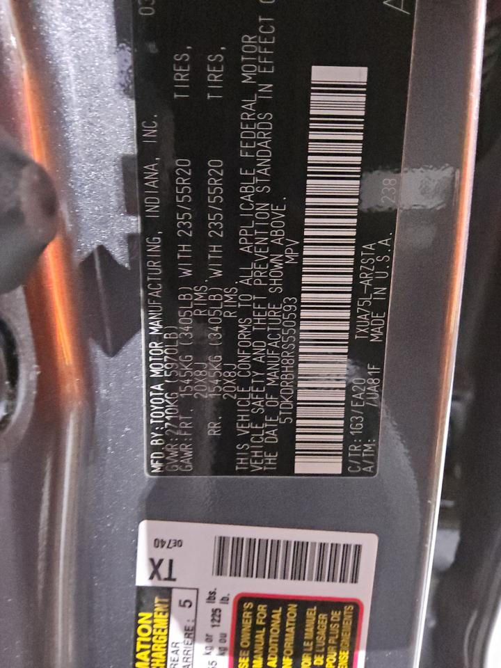 2024 Toyota Highlander VIN 5TDKDRBH8RS550593 Copart auction photo, side / front end damage thumbnail 13