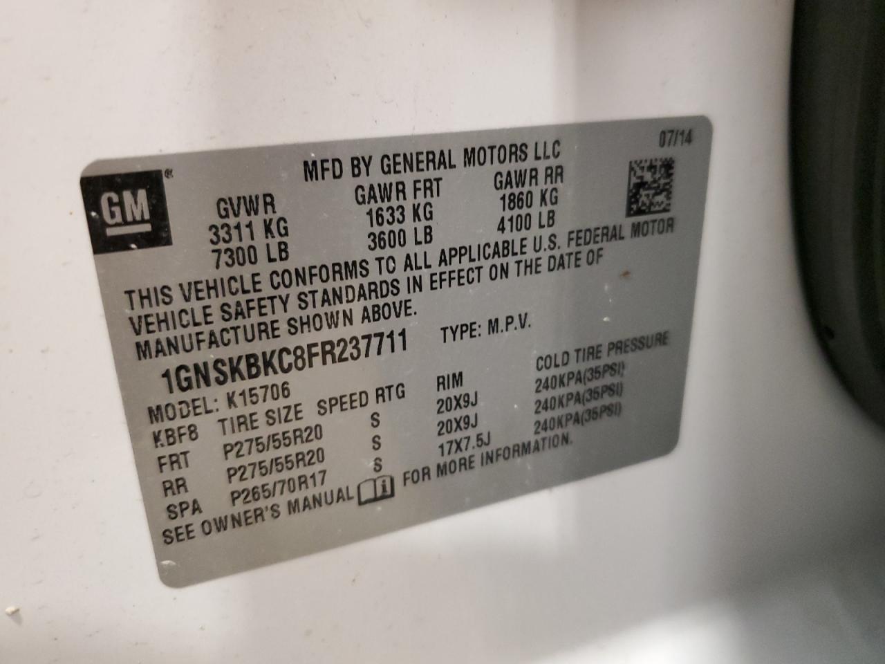 2015 Chevrolet Tahoe VIN 1GNSKBKC8FR237711 Copart auction photo, front end / side damage thumbnail 13