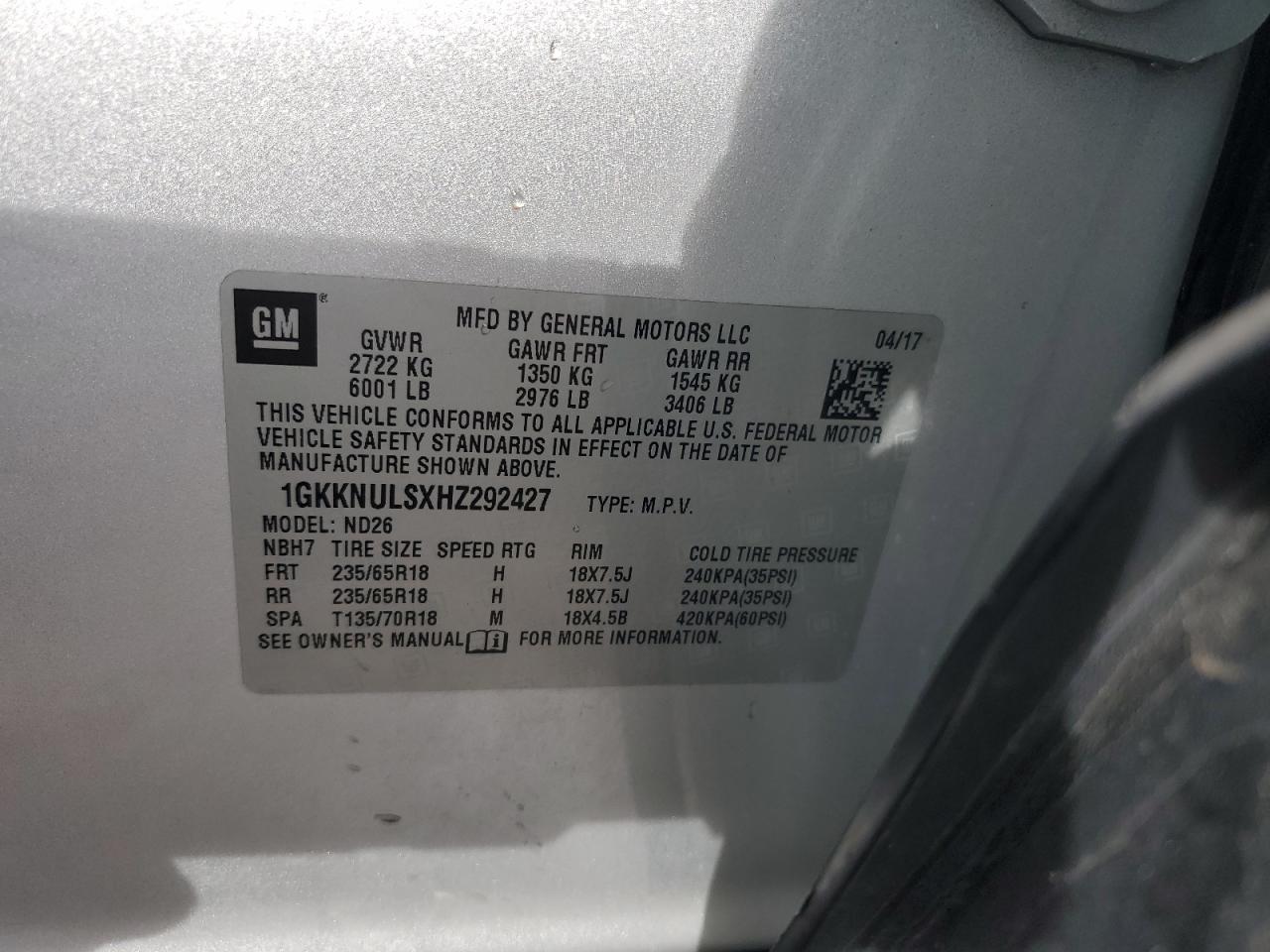 2017 GMC Acadia VIN 1GKKNULSXHZ292427 Copart auction photo, side / rear end damage thumbnail 15