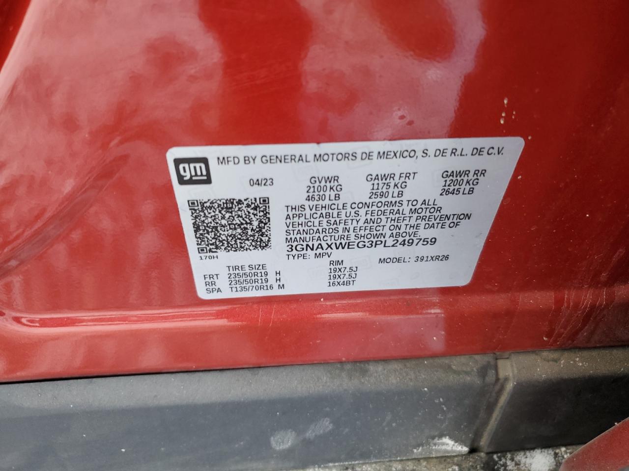 2023 Chevrolet Equinox VIN 3GNAXWEG3PL249759 Copart auction photo, front end damage thumbnail 14