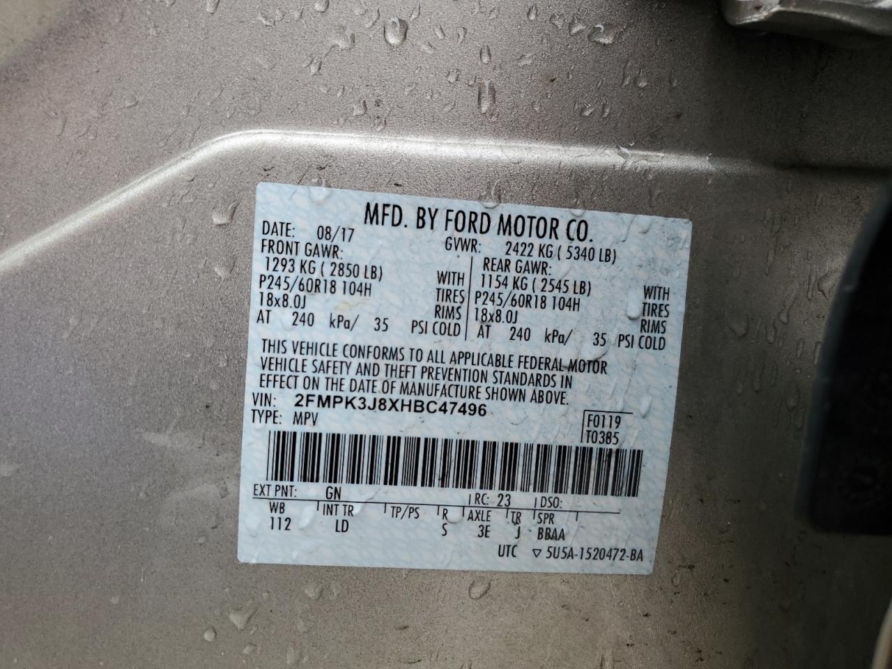 2017 Ford Edge VIN 2FMPK3J8XHBC47496 Copart auction photo, side / front end damage thumbnail 15