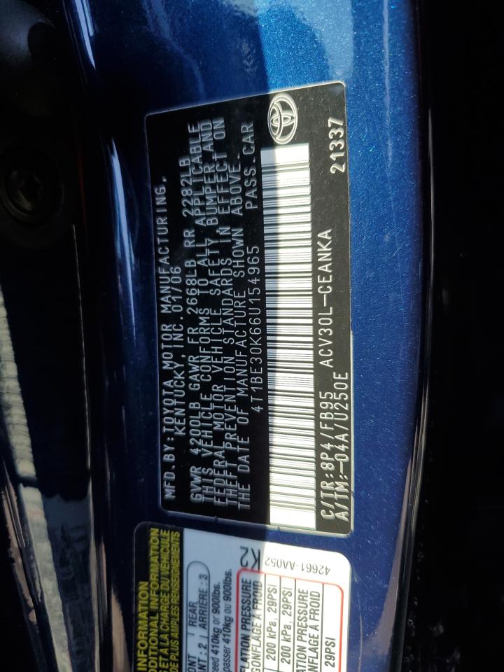 2006 Toyota Camry VIN 4T1BE30K66U154965 Copart auction photo, side damage thumbnail 12