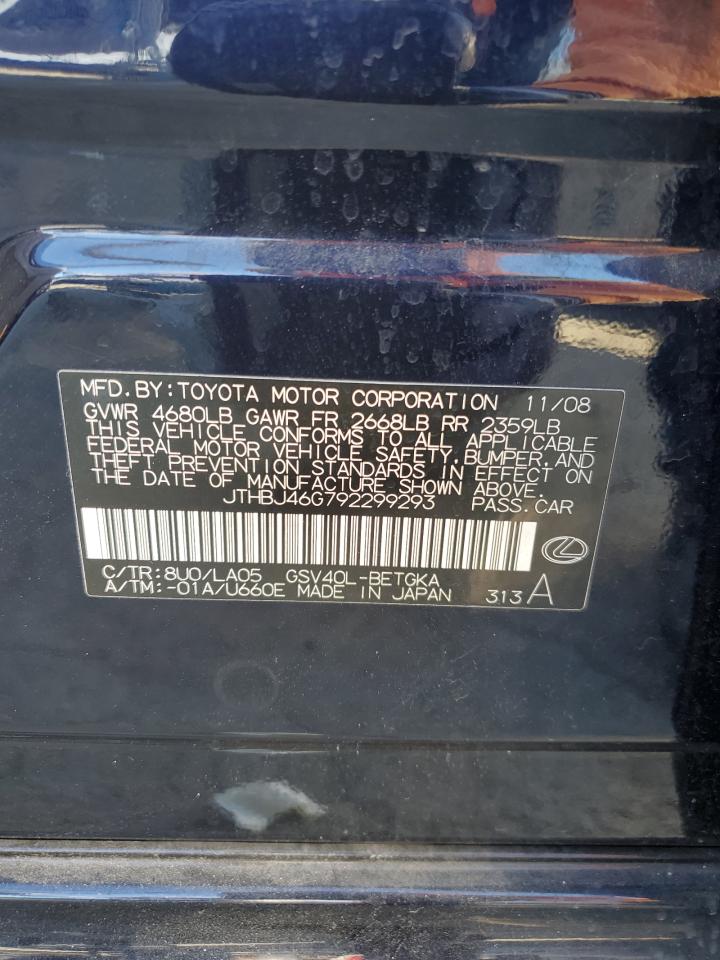 2009 Lexus ES VIN JTHBJ46G792299293 Copart auction photo, front end / side damage thumbnail 12