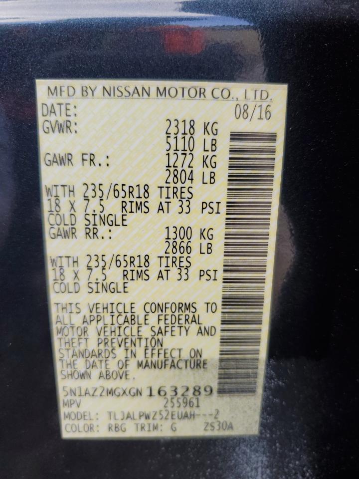 2016 Nissan Murano VIN 5N1AZ2MGXGN163289 Copart auction photo, front end / minor dent/scratches damage thumbnail 14