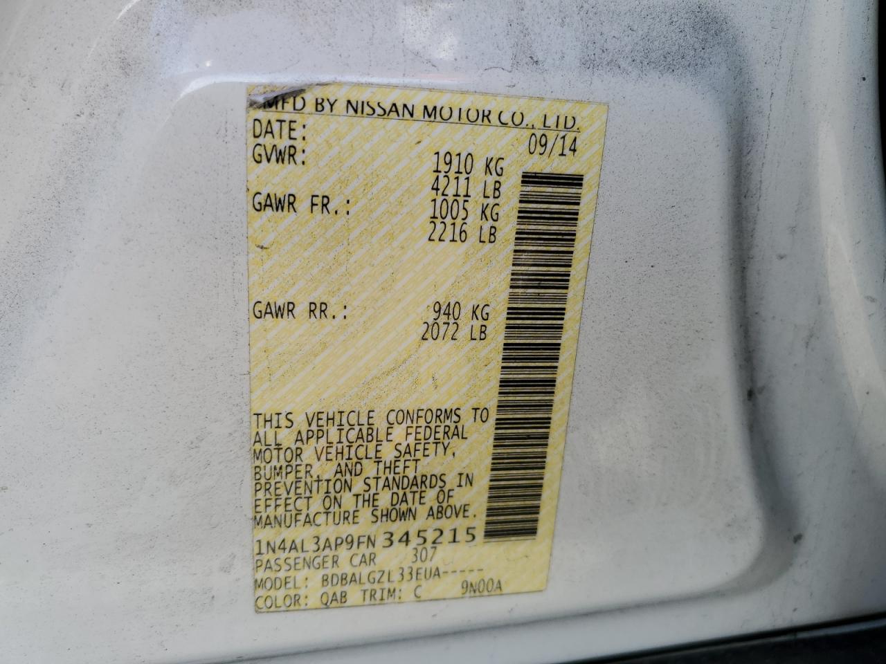 2015 Nissan Altima VIN 1N4AL3AP9FN345215 Copart auction photo, front end / minor dent/scratches damage thumbnail 14