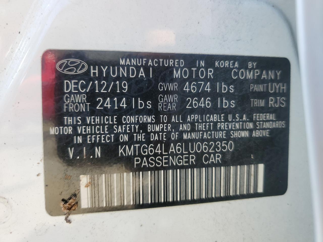 2020 Genesis G70 VIN KMTG64LA6LU062350 Copart auction photo, all over damage thumbnail 12