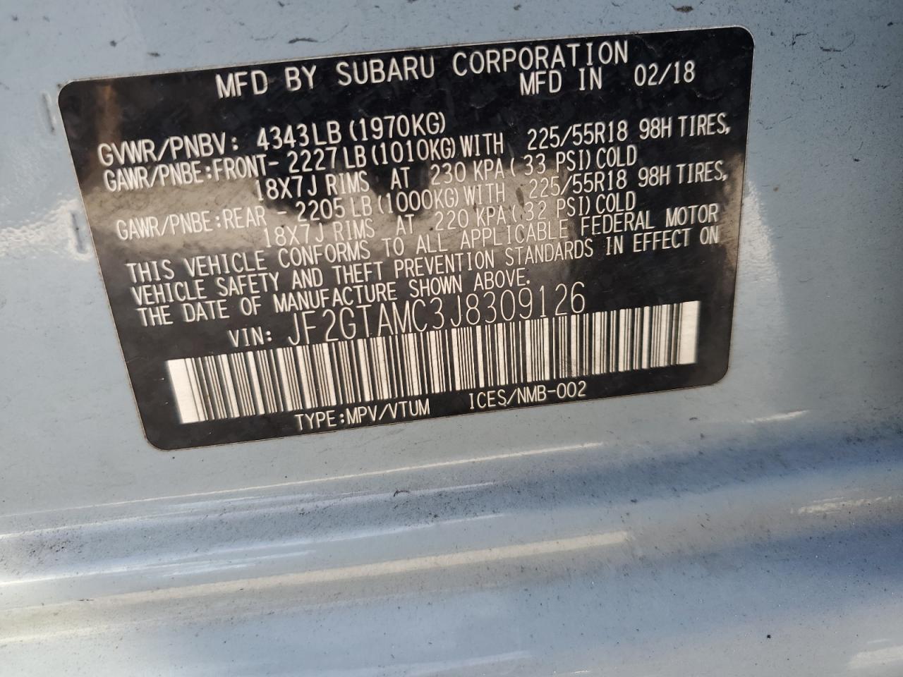 2018 Subaru XV VIN JF2GTAMC3J8309126 Copart auction photo, side damage thumbnail 13