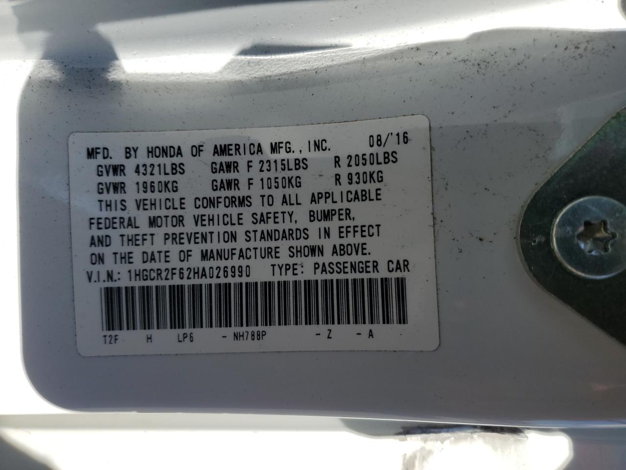 2017 Honda Accord VIN 1HGCR2F62HA026990 Copart auction photo, all over damage thumbnail 14