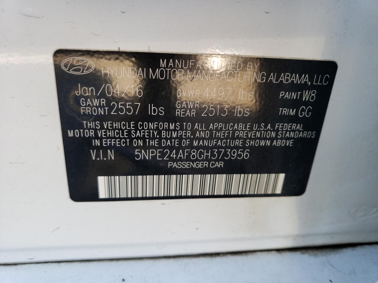 2016 Hyundai Sonata VIN 5NPE24AF8GH373956 Copart auction photo, all over / damage history damage thumbnail 13