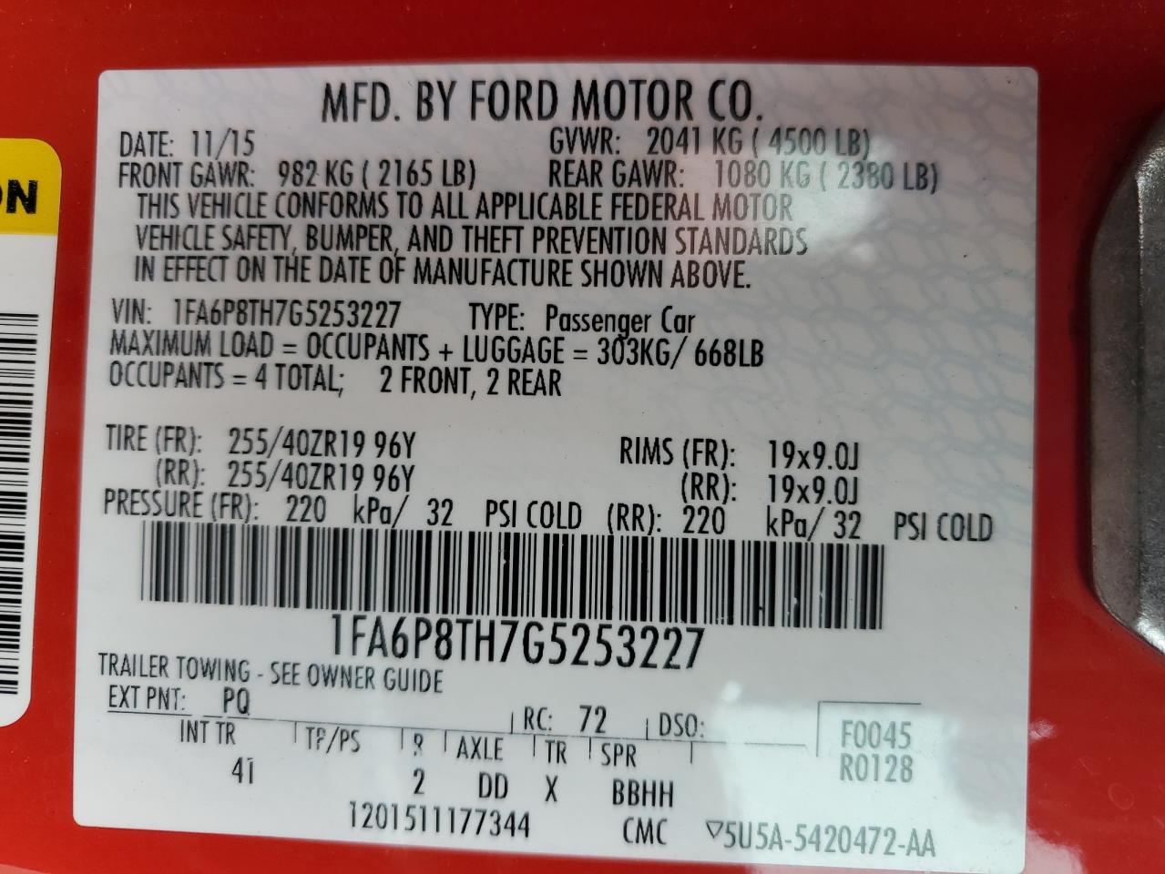 2016 Ford Mustang VIN 1FA6P8TH7G5253227 Copart auction photo, front end damage thumbnail 14