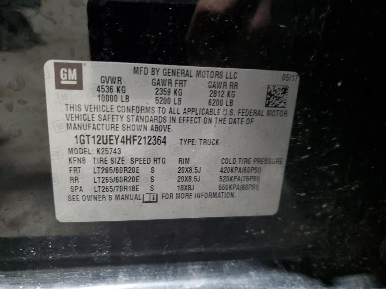 2017 GMC Sierra VIN 1GT12UEY4HF212364 Copart auction photo, rear end damage thumbnail 12