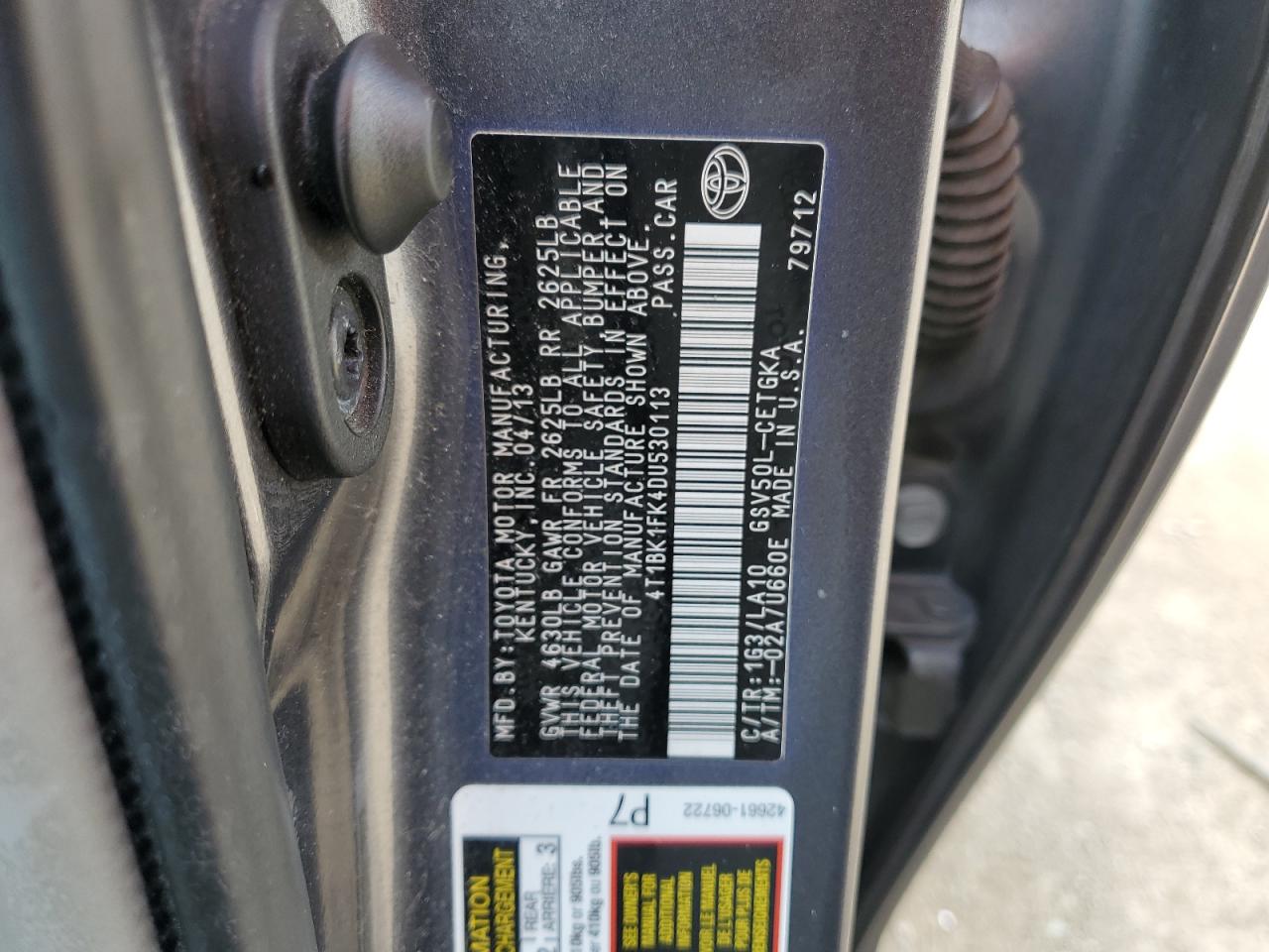 2013 Toyota Camry VIN 4T1BK1FK4DU530113 Copart auction photo, rear end damage thumbnail 12