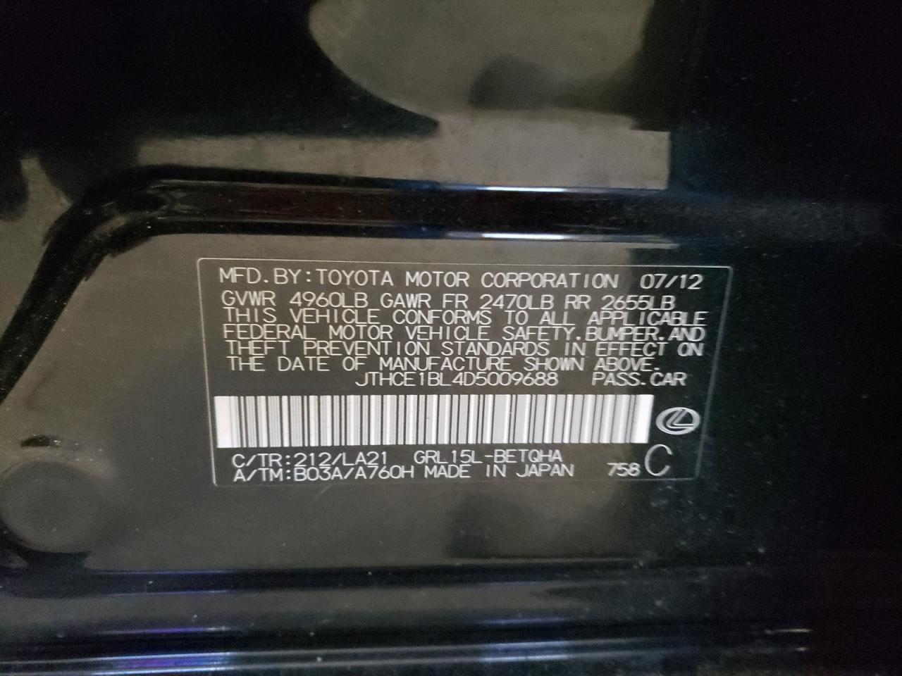 2013 Lexus GS VIN JTHCE1BL4D5009688 Copart auction photo, front end damage thumbnail 14