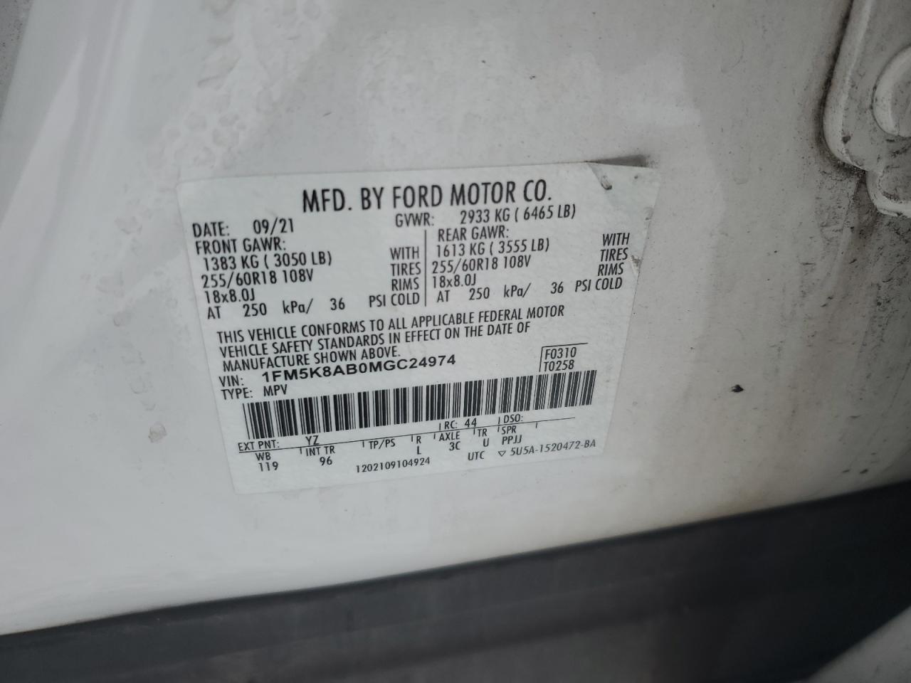 2021 Ford Explorer VIN 1FM5K8AB0MGC24974 Copart auction photo, all over damage thumbnail 14