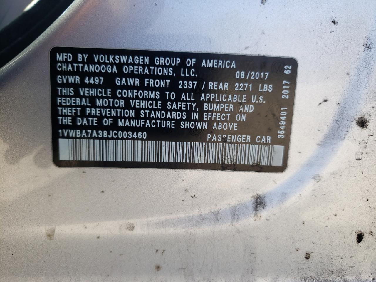 2018 Volkswagen Passat VIN 1VWBA7A38JC003460 Copart auction photo, front end damage thumbnail 12