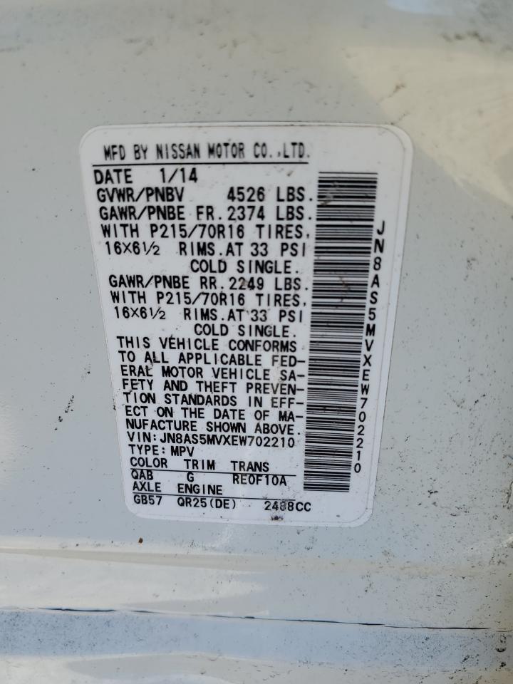 2014 Nissan Rogue VIN JN8AS5MVXEW702210 Copart auction photo, side / front end damage thumbnail 13