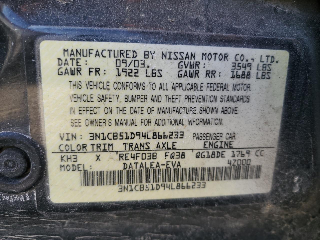2004 Nissan Sentra VIN 3N1CB51D94L866233 Copart auction photo, front end damage thumbnail 12