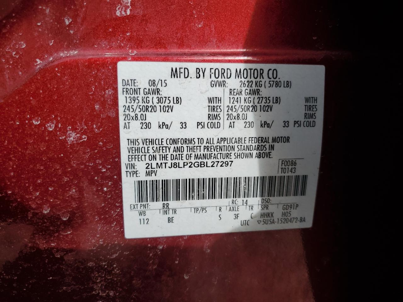 2016 Lincoln MKX VIN 2LMTJ8LP2GBL27297 Copart auction photo, rear end damage thumbnail 15