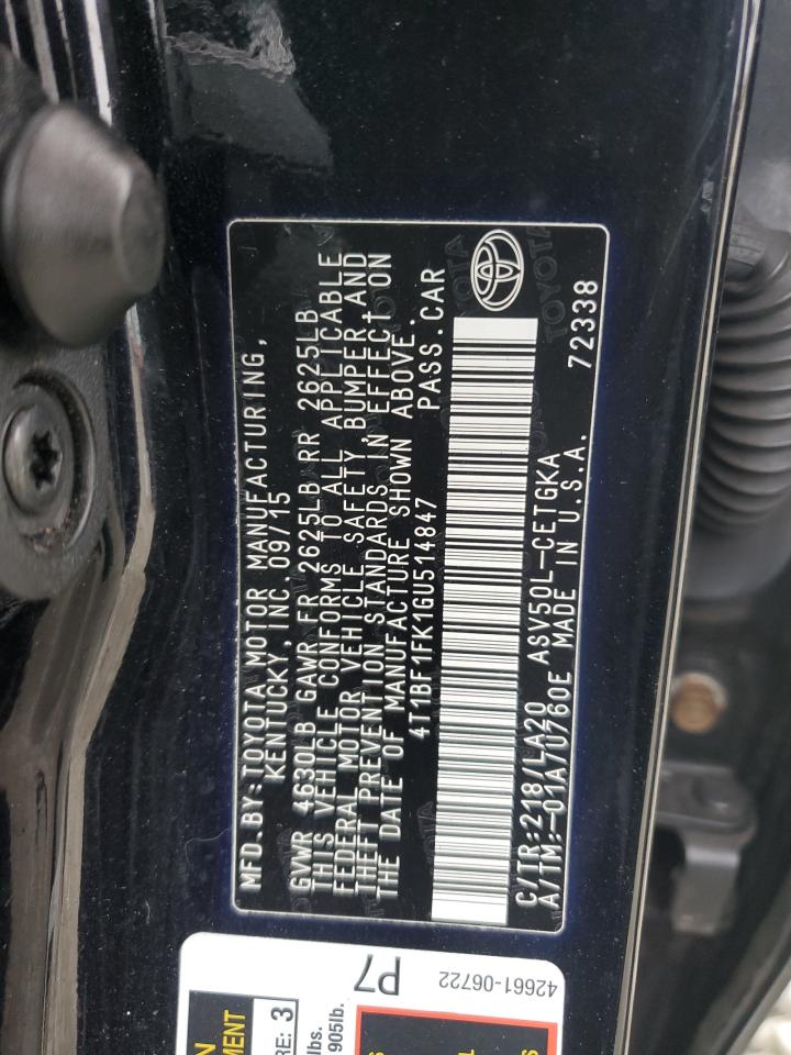 2016 Toyota Camry VIN 4T1BF1FK1GU514847 Copart auction photo, rear end damage thumbnail 13