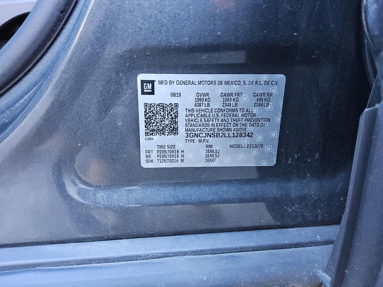 2020 Chevrolet Trax VIN 3GNCJNSB2LL128342 Copart auction photo, mechanical damage thumbnail 13